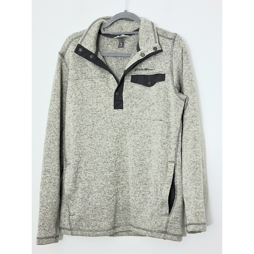 Eddie Bauer Pullover Men's M Convector Mock Neck 1/4 Snap Gray Fleece Zip Pocket